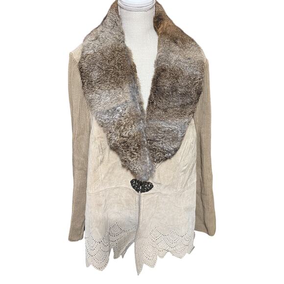 NYGARD Jacket Womens 2X Beige Suede Rabbit Fur Collar Knit Body Western Boho - Picture 1 of 10